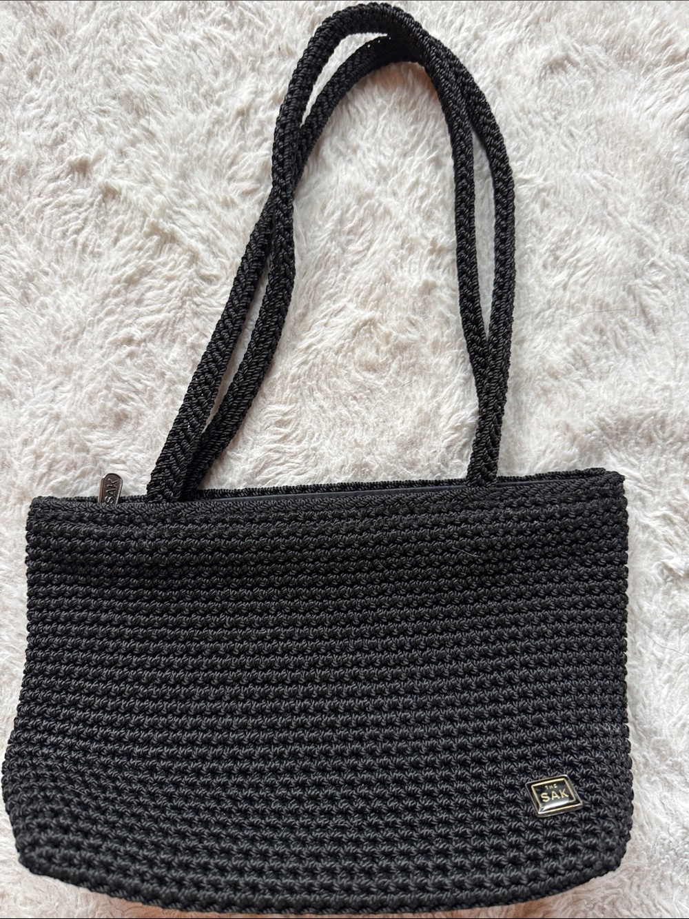 The Sak Black Crochet Shoulder Bag with Braided Straps